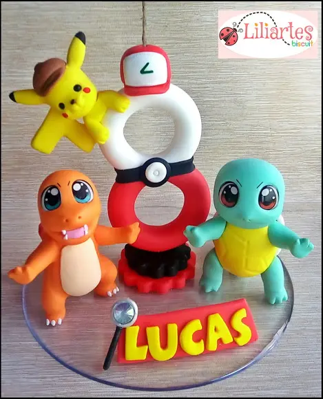 Topo de Bolo Pokémon c/ Nome-3 Personagens