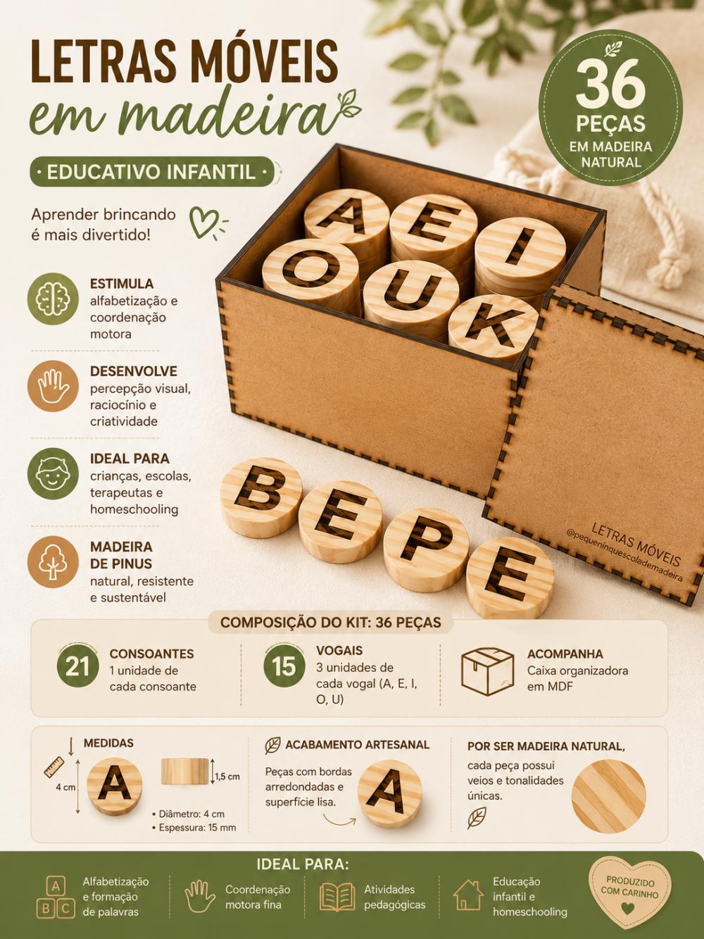LETRAS MÓVEIS EM MADEIRA – KIT EDUCATIVO INFANTIL