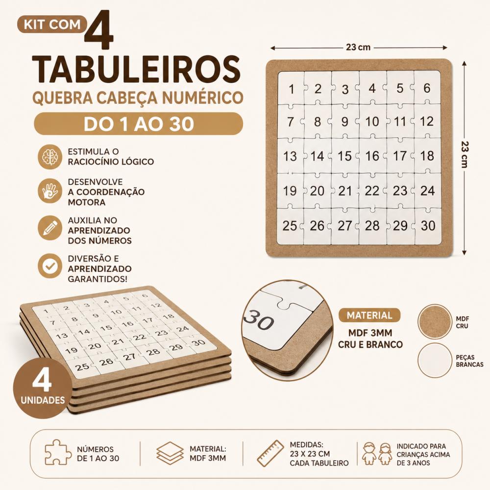 Kit 4 Quebra-Cabeças Educativos Números 1 ao 30 MDF 21x21