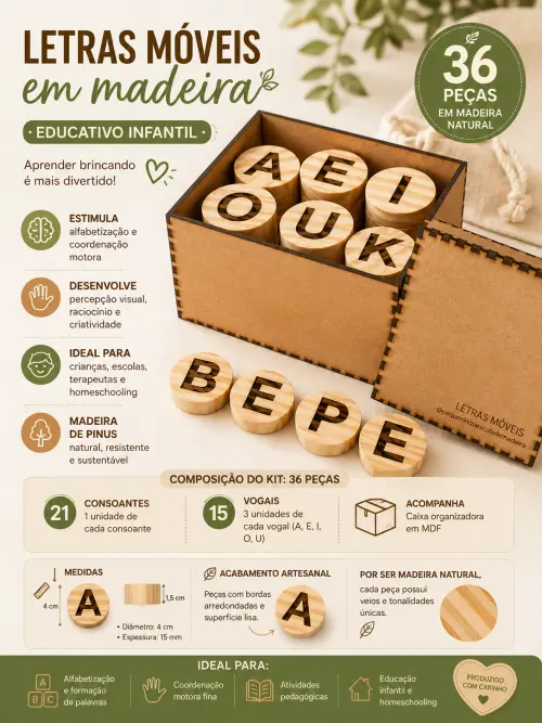 LETRAS MÓVEIS EM MADEIRA – KIT EDUCATIVO INFANTIL