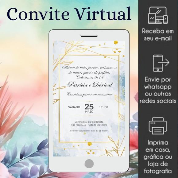 Convite Virtual de Casamento Floral Elegante Dourado e Azul