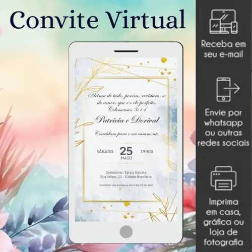 Convite Virtual de Casamento Floral Elegante Dourado e Azul