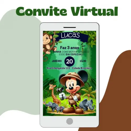Convite Infantil Mickey Safari- Arte Virtual