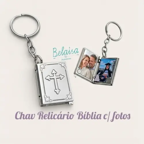 Chaveiro com Relicário Biblia com Fotos Unissex