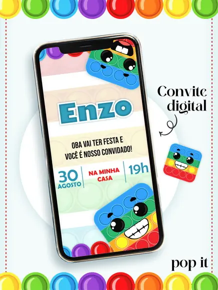 Convite Digital Infantil Personalizado Pop It
