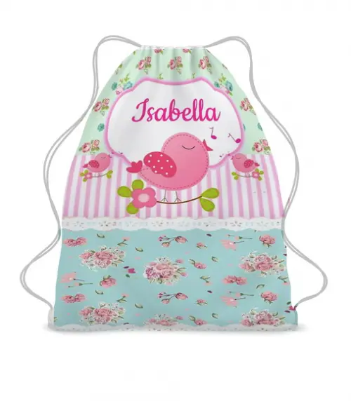 20 Bolsinha Sacochila Mochila Jardim Encantado Azul e Rosa