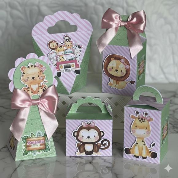 Kit 25 Caixas Personalizadas Safari Baby Aquarela Rosa