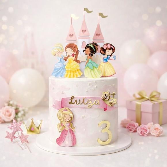 Topo Luxo de Bolo Princesas Cute Personalizado para Festa