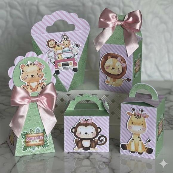 Kit 25 Caixas Personalizadas Safari Baby Aquarela Rosa