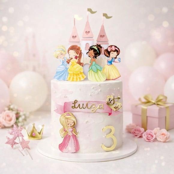 Topo Luxo de Bolo Princesas Cute Personalizado para Festa
