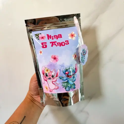 Saquinho Metalizado Personalizado Stitch e Angel m