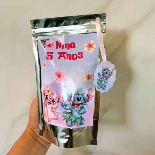 Saquinho Metalizado Personalizado Stitch e Angel m