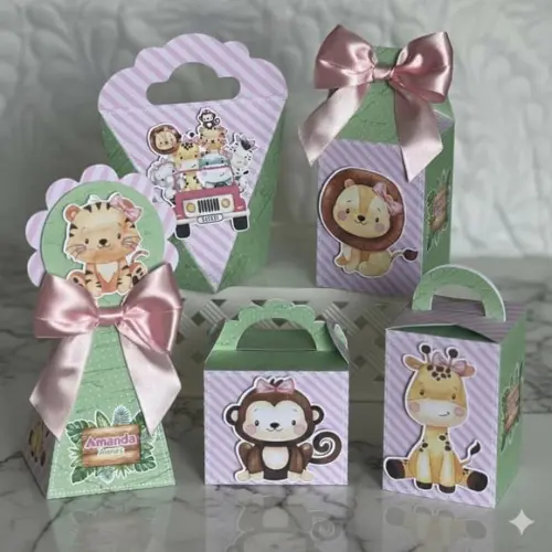 Kit 25 Caixas Personalizadas Safari Baby Aquarela Rosa