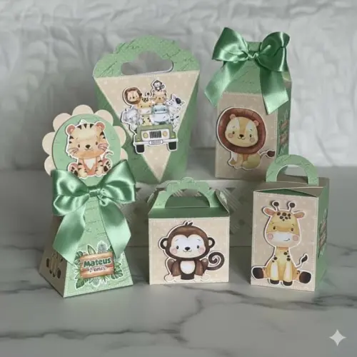 Kit 25 Caixas Personalizadas Safari Baby Aquarela Verde