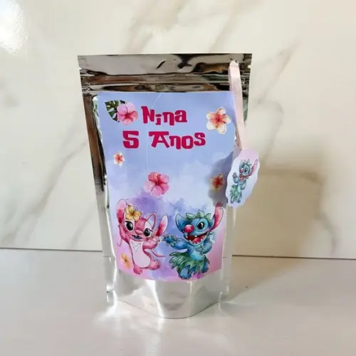 Saquinho Metalizado Personalizado Stitch e Angel m