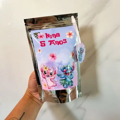 Saquinho Metalizado Personalizado Stitch e Angel m