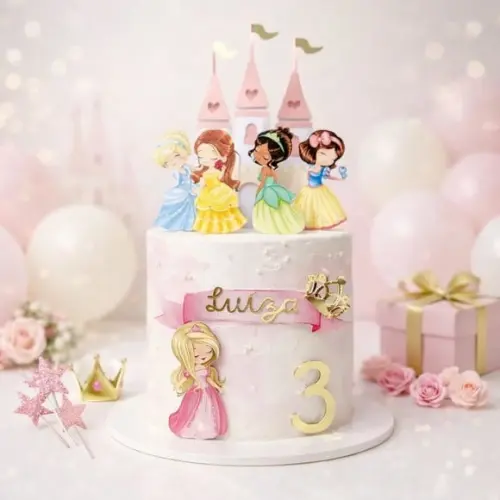 Topo Luxo de Bolo Princesas Cute Personalizado para Festa