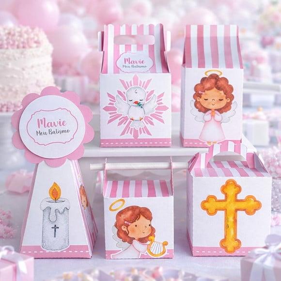 Kit 40 Caixinhas Batizado Menina Rosa e Branco