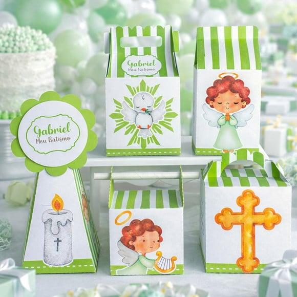 Kit 40 Caixinhas Batizado Menino Verde e Branco