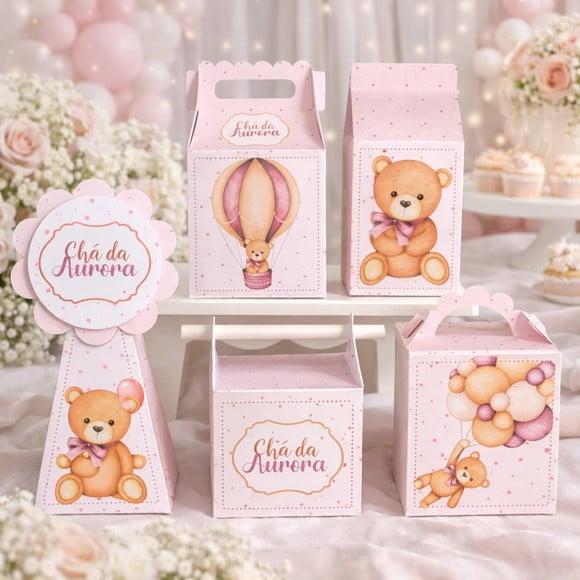 Kit 40 Caixinhas Chá de Bebê Ursinha Rosa Personalizadas