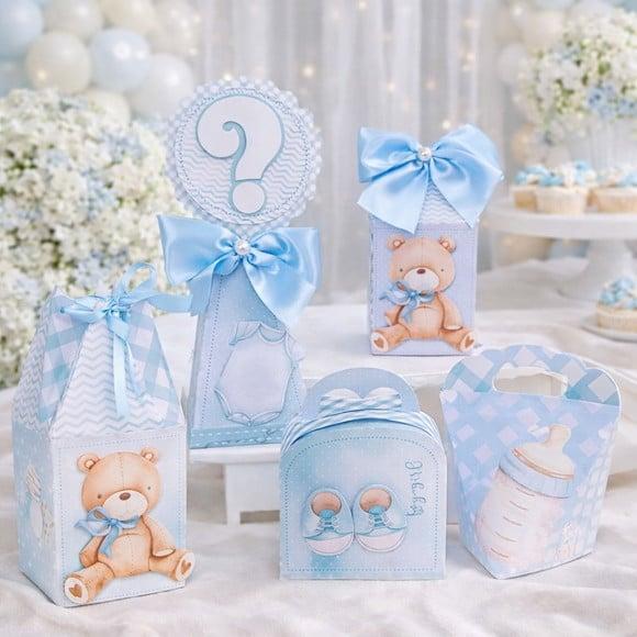 Kit 40 Caixinhas Chá de Bebê Ursinho Azul Personalizadas