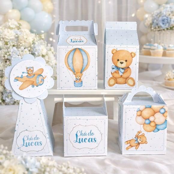 Kit 40 Caixinhas Chá de Bebê Ursinho Azul Personalizadas