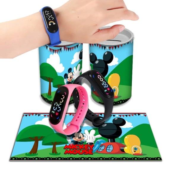 Kit Lembrancinha Mickey Relógio + Cofrinho Personalizado