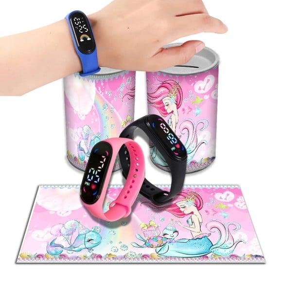 Kit Lembrancinha Pequena Sereia Rosa Relógio + Cofrinho