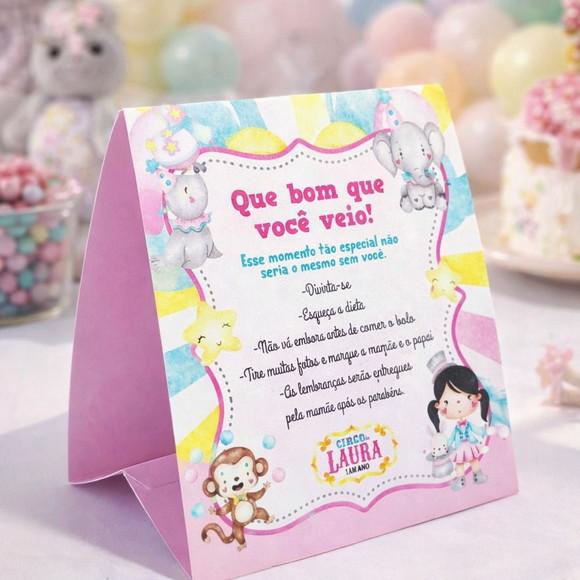 Placa de Agradecimento Circo Menina Rosa Centro de Mesa