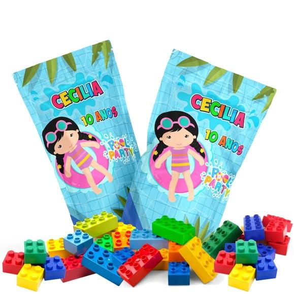 Saquinho Metalizado Ziplock Blocos de Montar Pool Party Menina no