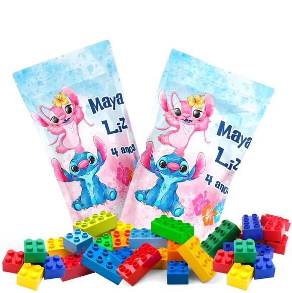 Saquinho Metalizado Ziplock Blocos de Montar Stitch e Angel no Zi