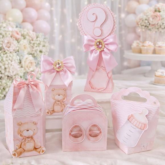 Kit 40 Caixinhas Chá de Bebê Ursinha Rosa Personalizadas | Lemb