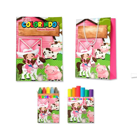 Livro de Colorir Massinha e Sacola Fazendinha Rosa Personalizado 