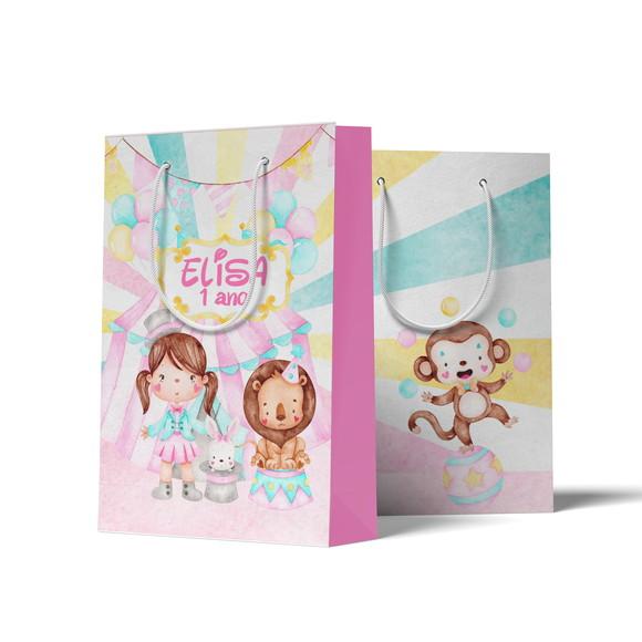 Sacolinha Personalizada Personalizada Circo Menina Rosa Aquarela 