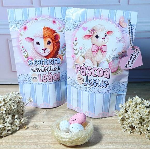 Saquinho Metalizado Ziplock Zip Páscoa Cristã Leão e Cordeiro 