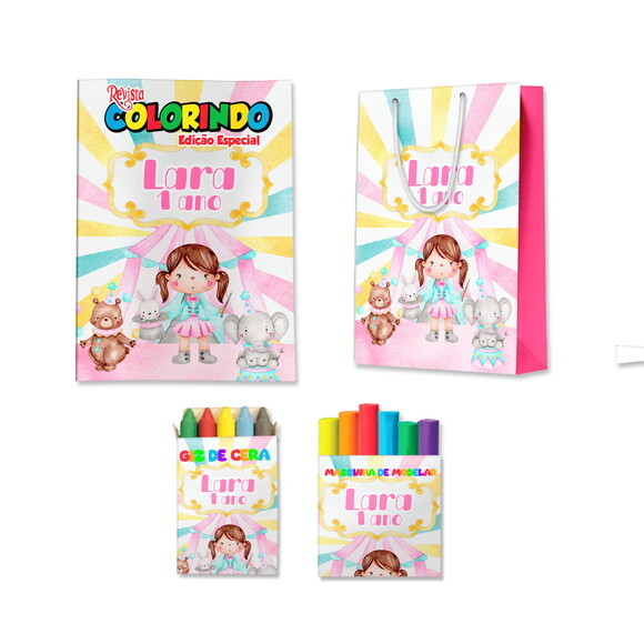 Kit Colorir com Massinha e SacolaCirco Rosa Aquarela Menina | Lem