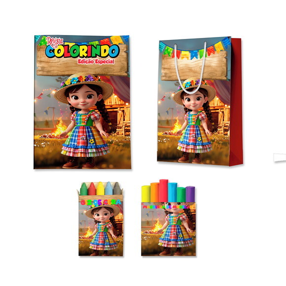 Kit Colorir com Massinha e Sacola Arraiá Festa Junina Menina | L