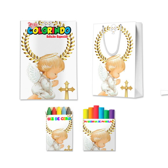 Kit Colorir com Massinha e Sacola Batizado Branco Anjo | Lembranc