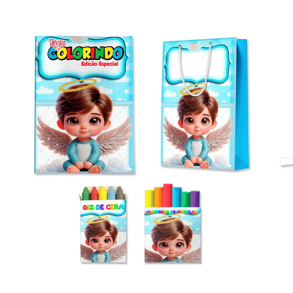 Kit Colorir com Massinha e Sacola Batizado Azul Menino Anjo | Lem