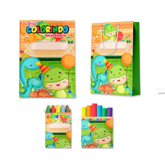 Kit Colorir com Massinha e Sacola Dinossauro Cute Baby | Lembranc