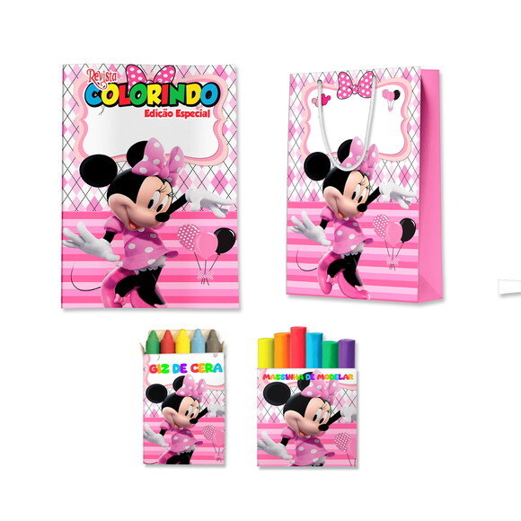 Kit Colorir com Massinha e Sacola Minnie Rosa | Lembrancinha Fest
