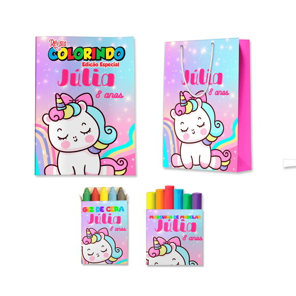 Kit Colorir com Massinha e Sacola Unicórnio | Lembrancinha Festa