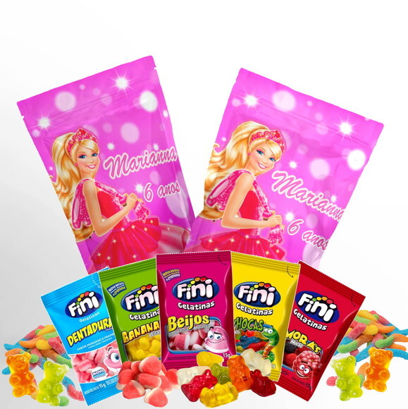 Fini Personalizado Barbie no Saquinho Metalizado Zip Lock no Saqu