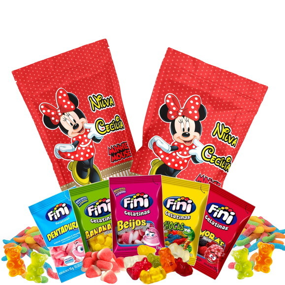 Fini Personalizado Minnie Vermelha no Saquinho Metalizado Zip Loc