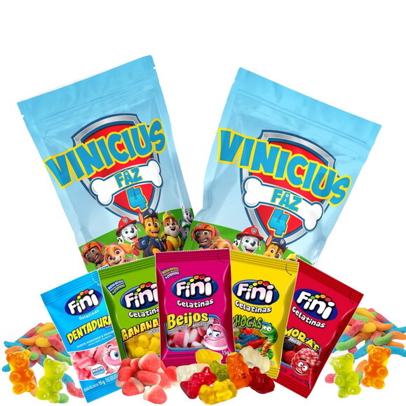 Fini Personalizado Patrulha Canina no Saquinho Metalizado Zip Loc