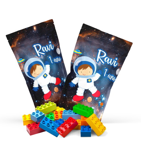 Blocos de Montar Astronauta no Saquinho Metalizado Zip Lock no Sa