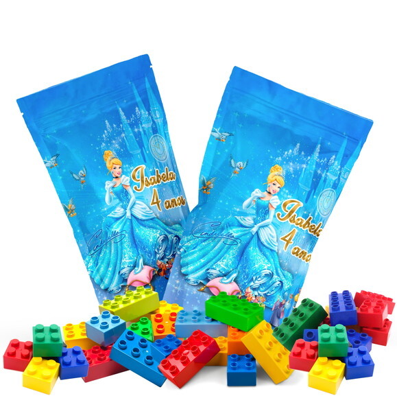 Blocos de Montar Cinderela no Saquinho Metalizado Zip Lock no Saq