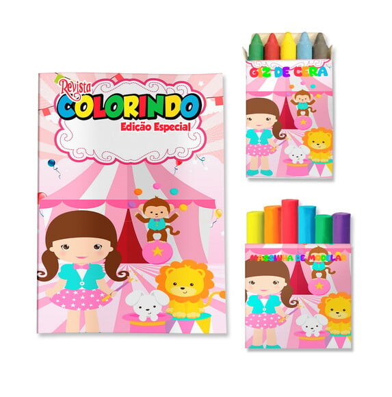 Kit Colorir com Giz e Massinha Circo Menina Rosa | Lembrancinha F