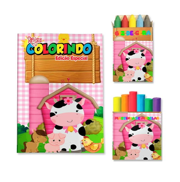 Kit Colorir com Giz e Massinha Fazendinha Menina | Lembrancinha F