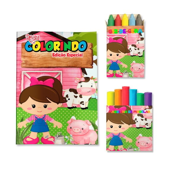 Kit Colorir com Giz e Massinha Fazendinha Menina | Lembrancinha F